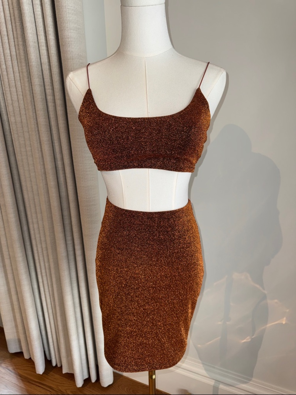 Bronze Sparkle Two-Piece Crop Top & Skirt Set